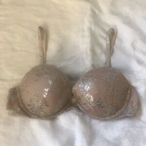 Victoria's Secret Silver Lace Tan Bra with Rhinestones 34C Dream Angels Push-up